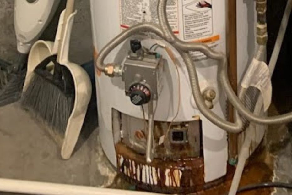 Leaking water heater. Rust-colored liquid is pouring from this water heater it's time to replace it.
