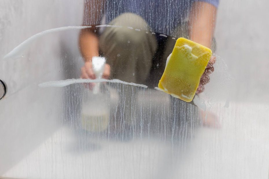 Whole house water softeners. A woman cleaning water spots off the shower.